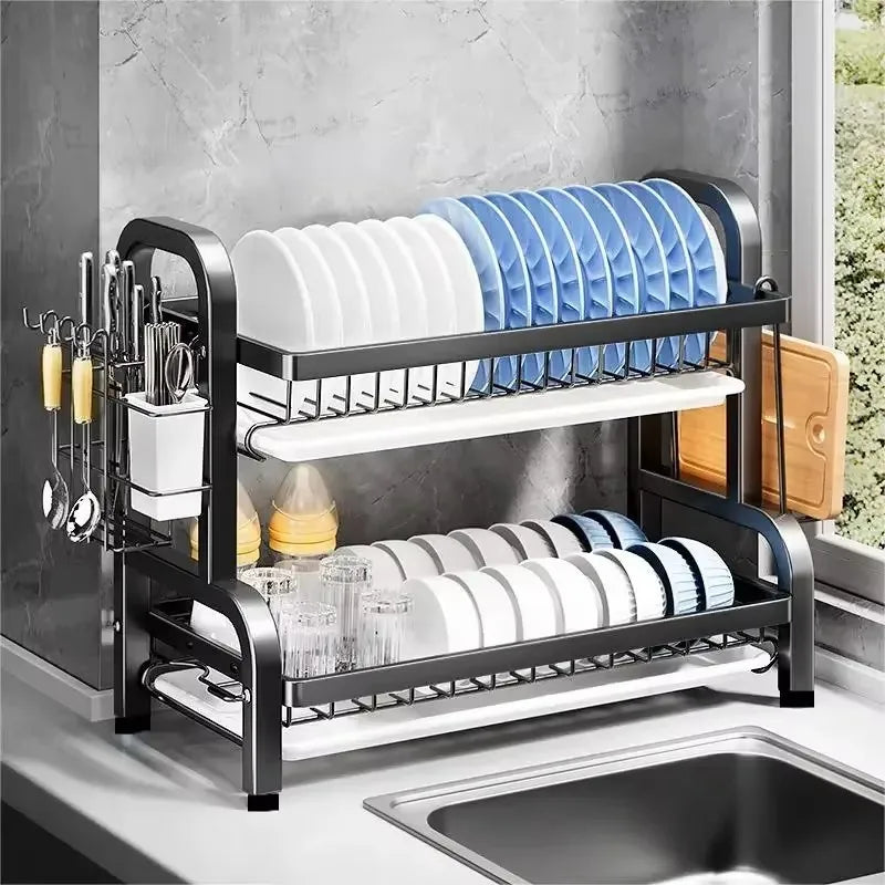 Multi-Functional 1/2-Tier Kitchen Dish Rack with Chopsticks, Knives & Cutting Board Holder – Space-Saving Sink Storage & Draining Rack