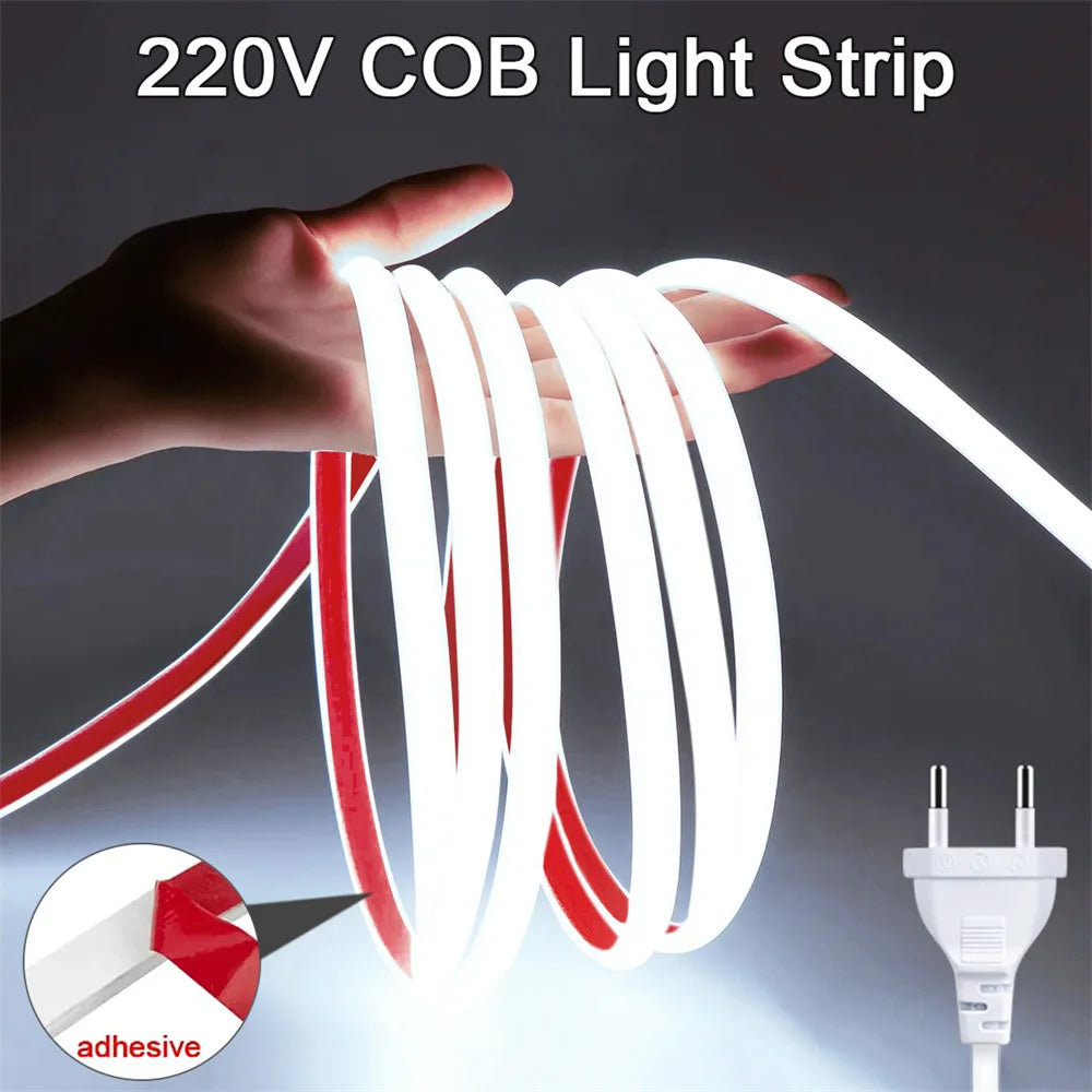 شريط إضاءة LED COB عالي السطوع 220 فولت، مقاوم للماء بمعيار IP65، شريط مرن للإضاءة الداخلية والخارجية للحدائق