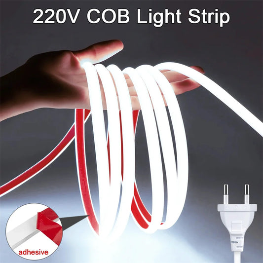 220V High Brightness COB LED Strip Lights IP65 Waterproof Flexible Ribbon for Indoor & Outdoor Garden Lighting