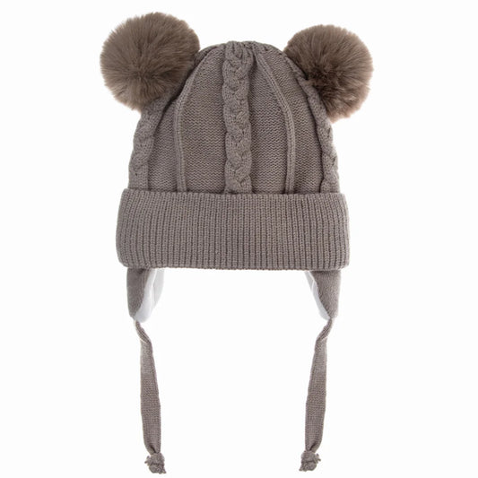 Bear Knit Winter Hat – Warm Baby Earmuff Cap with Pompoms & Cotton Lining