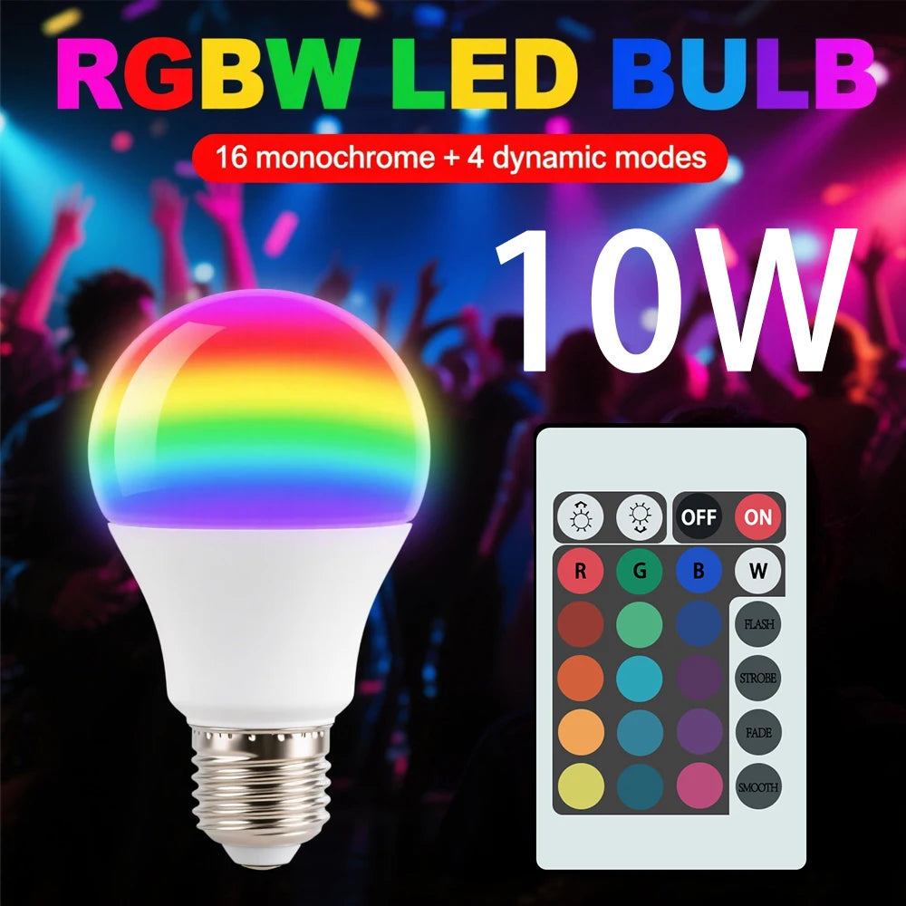 16 Colors RGBW Bulb LED Multicolor Bulb E27 Base 220V Household Lighting Dimmable 24 Key Remote Control Atmosphere Neon Light