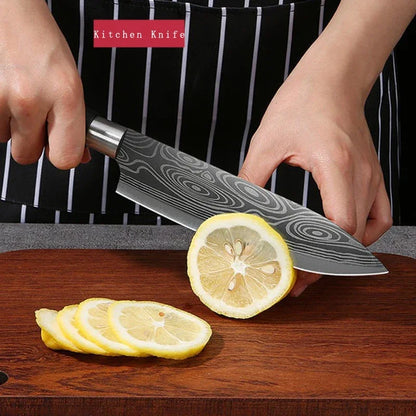 Laser Damascus Pattern Kitchen Knife & Scissors Set – Stainless Steel Utility Knives with Sharpening Rod for Precise Slicing