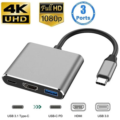 موزع USB 3 في 1 متوافق مع HDMI، من النوع C إلى HDMI، محطة إرساء USB 3.0 متوافقة مع MacBook Air 