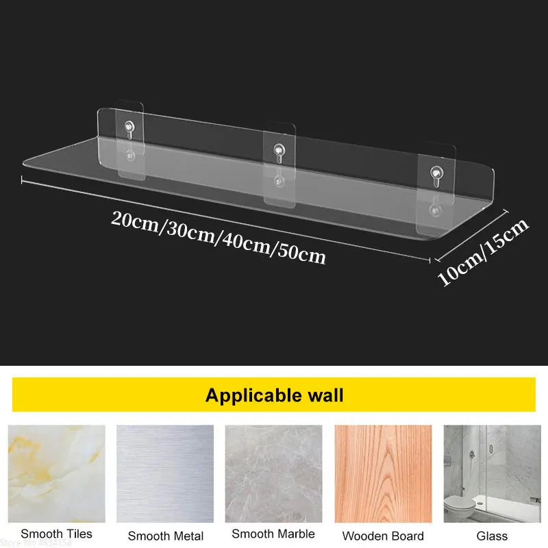 Clear Acrylic Floating Shelf Wall Mounted Organizer – Thick Transparent Display Ledge for Bathroom, Kitchen, Bedroom (20-50cm)