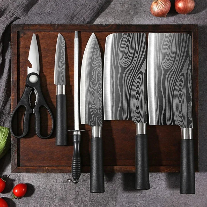 Laser Damascus Pattern Kitchen Knife & Scissors Set – Stainless Steel Utility Knives with Sharpening Rod for Precise Slicing