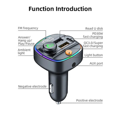 Bluetooth 5.3 FM Transmitter Handsfree Car AUX Radio Modulator MP3 Player with 22.5W & PD30W Fast Charge Adapter Car Accessories