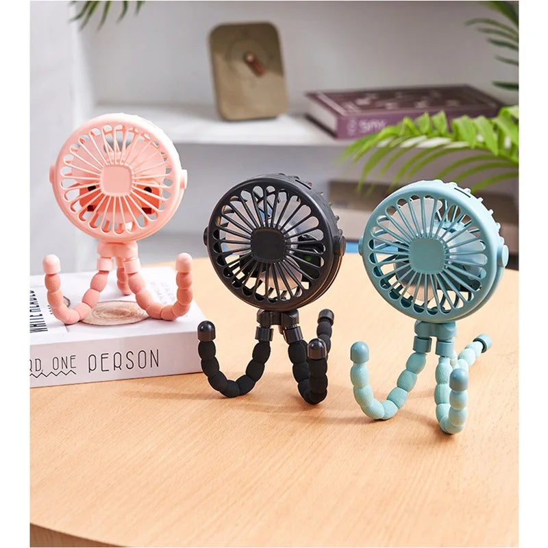 Mini Portable Baby Stroller Fan – USB Rechargeable 3-Speed Flexible Octopus Clip-On Fan