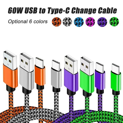 كابل شحن سريع من نوع USB A إلى Type C مصنوع من النايلون المضفر - سلك شحن متين لهواتف Xiaomi وSamsung وHuawei وهواتف Android