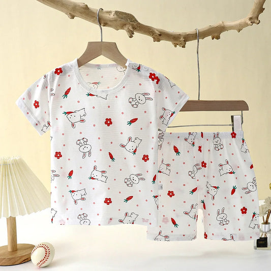 Children's Summer Cotton Sleepwear Set – Breathable Short Sleeve T-shirt & Shorts for Boys and Girls