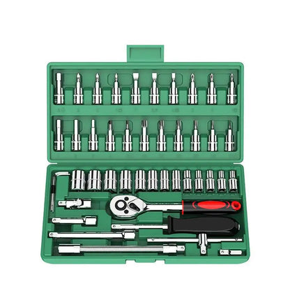46PCS Car Repair Tool Kit – 1/4-Inch Socket & Ratchet Set for Auto Maintenance & Torque Wrench Jobs