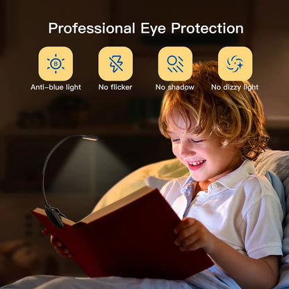 7 LED USB Rechargeable Book Light – Clip-On Reading Lamp with 3 Color Modes & 9 Brightness Levels for Bedside, Study & Travel