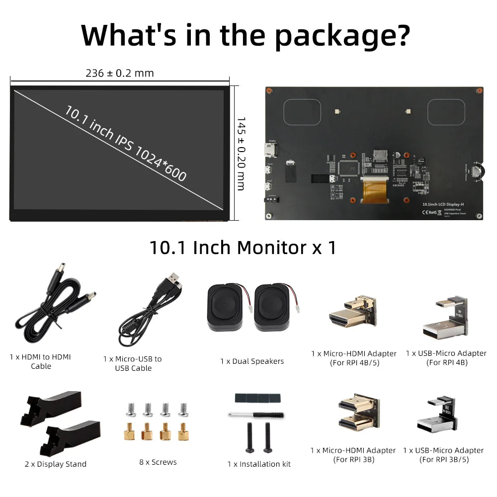 10.1 inch Capacitive Touchscreen，IPS 1024×600, Dual Built-in Speakers, HDMI Monitor Compatible with Raspberry Pi