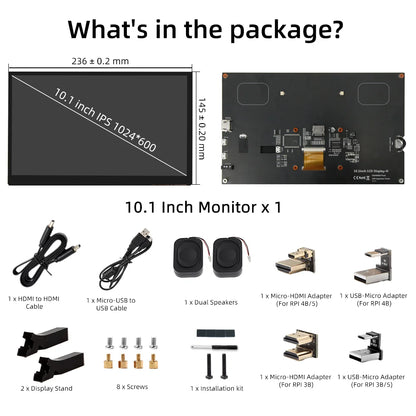 10.1 inch Capacitive Touchscreen，IPS 1024×600, Dual Built-in Speakers, HDMI Monitor Compatible with Raspberry Pi