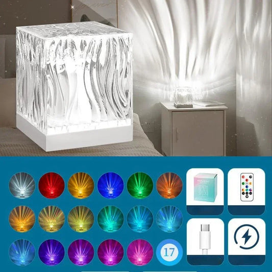 Aurora Northern Lights Projector – 17-Color LED Water Ripple Flame Crystal Lamp for Bedroom, Living Room & Study Ambience