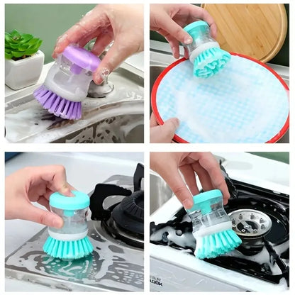 Dishwashing Brush with Soap Dispenser Non-Stick Grease Kitchen Push-On Cleaning Brush with Refillable Soap for Pots and Pans