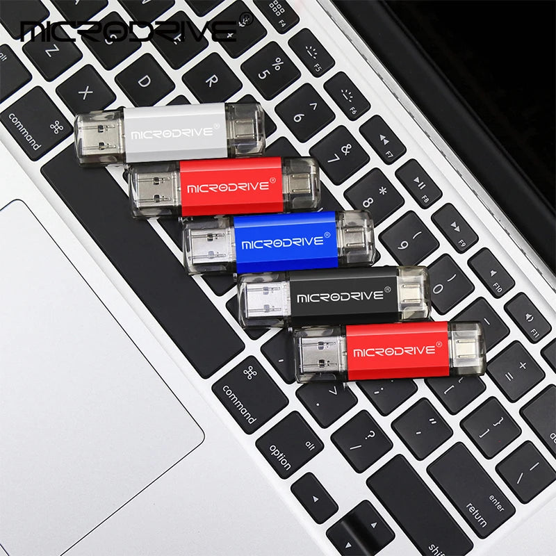 محرك أقراص فلاش USB من النوع C بتقنية OTG 2 في 1، يدعم USB 2.0 وMicro USB، متوفر بسعات 128 جيجابايت، 64 جيجابايت، 32 جيجابايت، 16 جيجابايت، 8 جيجابايت، و4 جيجابايت.