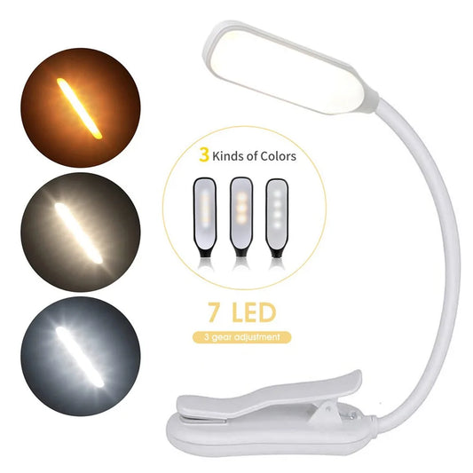 7 LED USB Rechargeable Book Light – Clip-On Reading Lamp with 3 Color Modes & 9 Brightness Levels for Bedside, Study & Travel
