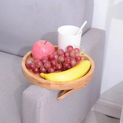 Wooden Sofa Armrest Clip-On Tray Table – Foldable Round Snack Side Table