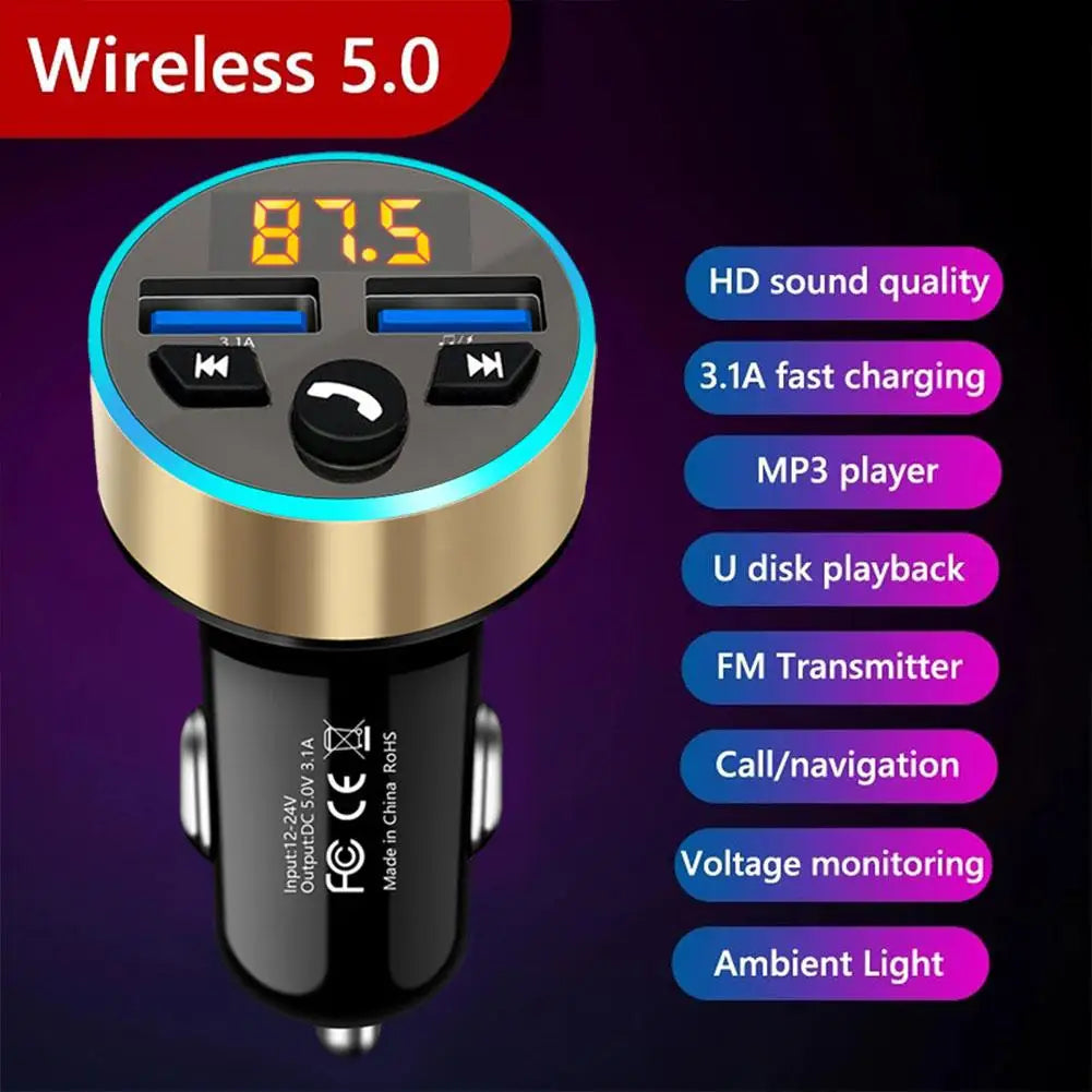 FM Transmitter Stereo Car MP3 Player Dual USB 3.1A Fast Charging Dual USB Charger Car Bluetooth 5.0 Handsfree Kit FM Modulator