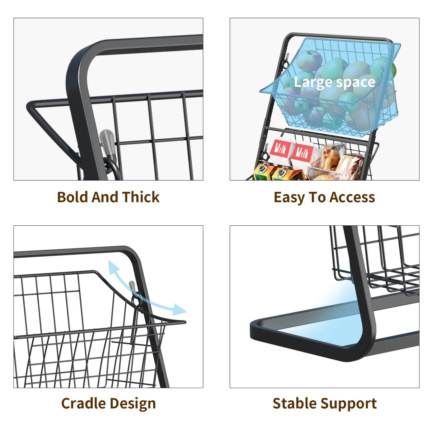 Fruit & Vegetable Wire Basket – Removable Kitchen Countertop Storage Rack for Spices & Snacks