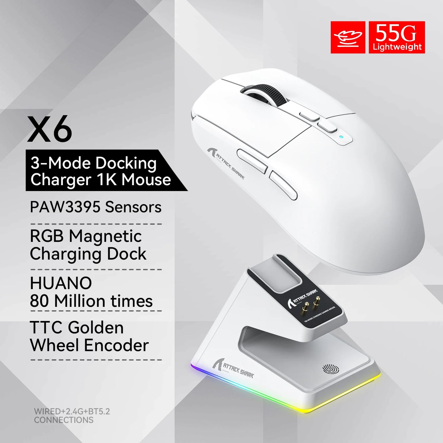 Attack Shark X6 PAW3395 Bluetooth Mouse,2.4 Tri-Mode Connection, RGB Touch Magnetic Charging Base, Macro Gaming Mouse