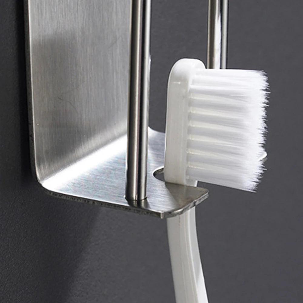 304 Stainless Steel Toothbrush & Cup Wall Hook – No-Drill Bathroom Holder for Toothbrushes, Razors, and Cups