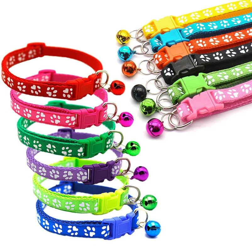 Adjustable Cat Collar with Bell – Dog Print Pet Necklace in Multiple Colors
