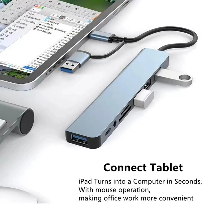 موزع USB-C، مقسم USB، موسع USB 8 في 1 مع 4 منافذ USB ومنفذ USB-C واحد وقارئ بطاقات TF/SD ومخرج صوت، متوافق مع أجهزة MacBook 