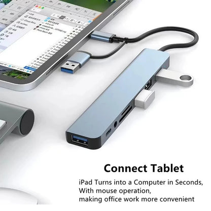 موزع USB-C، مقسم USB، موسع USB 8 في 1 مع 4 منافذ USB ومنفذ USB-C واحد وقارئ بطاقات TF/SD ومخرج صوت، متوافق مع أجهزة MacBook 