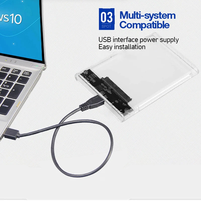 علبة قرص صلب خارجي شفافة مقاس 2.5 بوصة، متوافقة مع أجهزة الكمبيوتر المحمولة والمكتبية، من نوع Micro-B إلى USB 3.0، بسعة 4 تيرابايت، تدعم بروتوكول UASP وواجهة SATA III. 