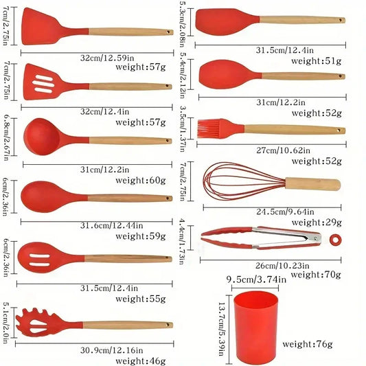 12PCS Silicone Kitchen Utensils Set – Heat-Resistant Non-Stick Spatulas & Spoons with Wooden Handles