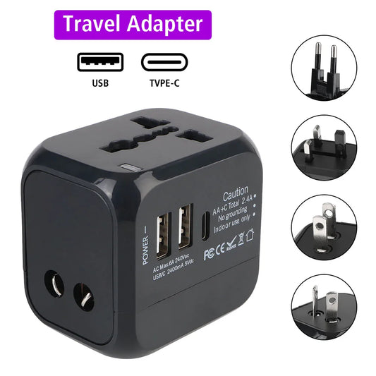All-in-One Wall Charger Travel Adapter – 6A Universal US EU UK AU Plug with 2 USB Ports & 1 Type-C