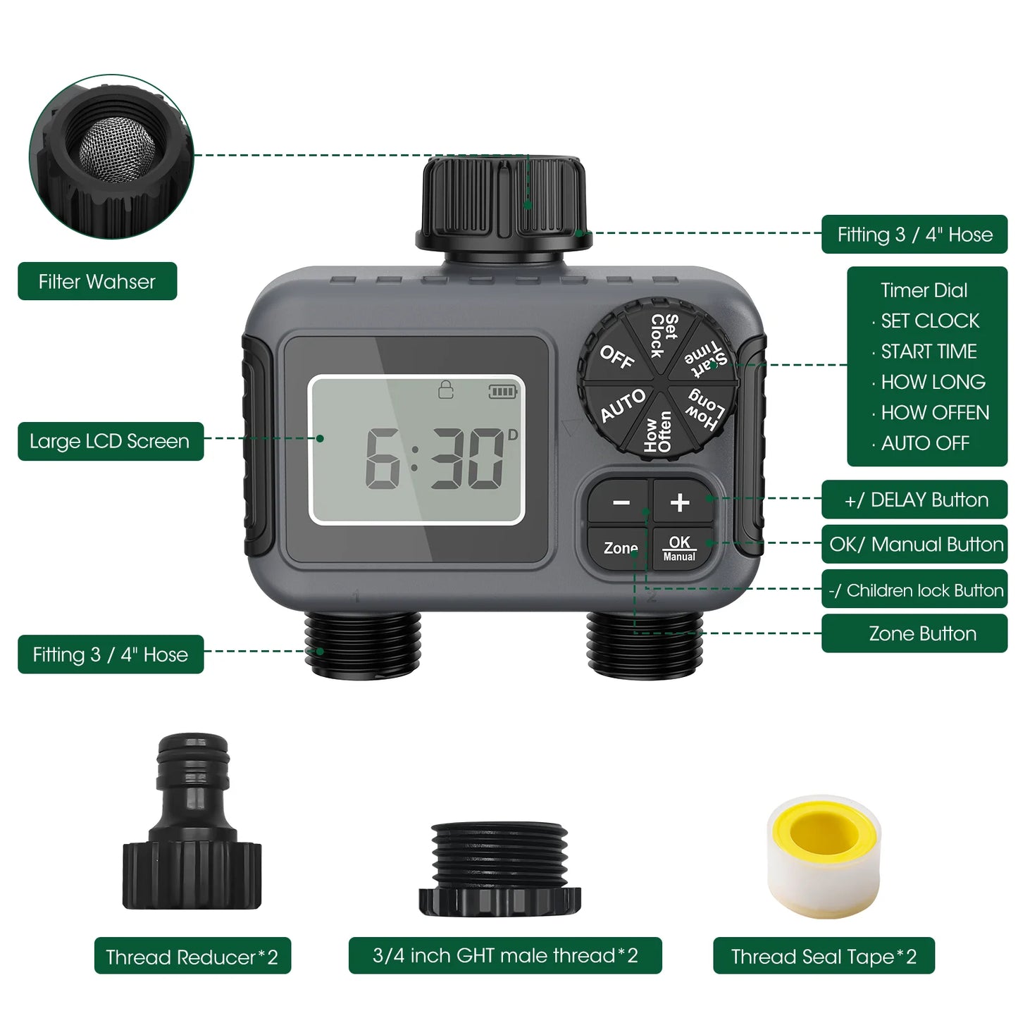 مؤقت رشاشات إنسوما ثنائي المناطق – مؤقت خرطوم قابل للبرمجة مع تأخير المطر وأوضاع يدوية (مقاوم للماء بمعيار IPX5)