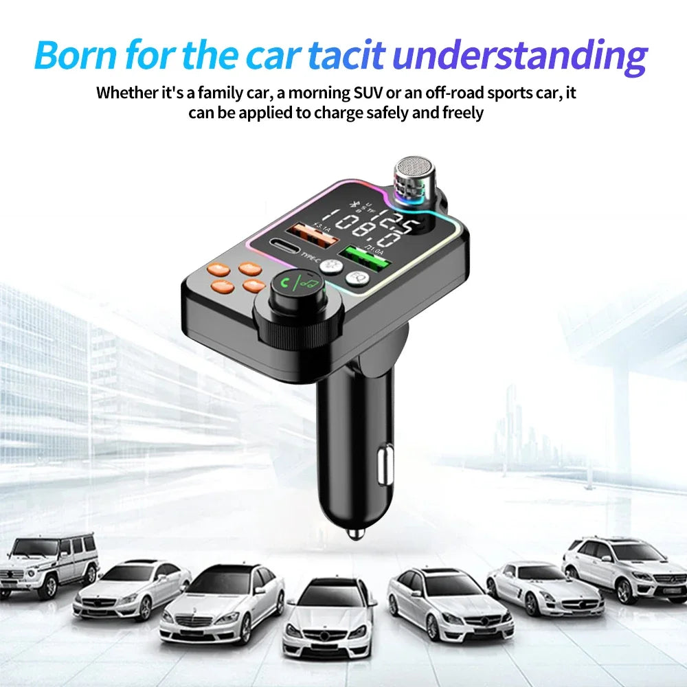 Bluetooth 5.0 Car Charger Dual USB Type C Quick Charge Hands-free Call Kit FM Transmitter MP3 Player Car Cigarette Lighter