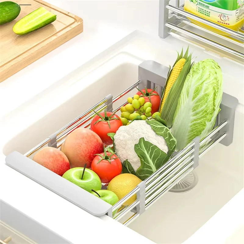 Stainless Steel Extendable Kitchen Sink Drain Rack – Adjustable Dish Drying Basket & Fruit Vegetable Washing Drainer Storage Organizer
