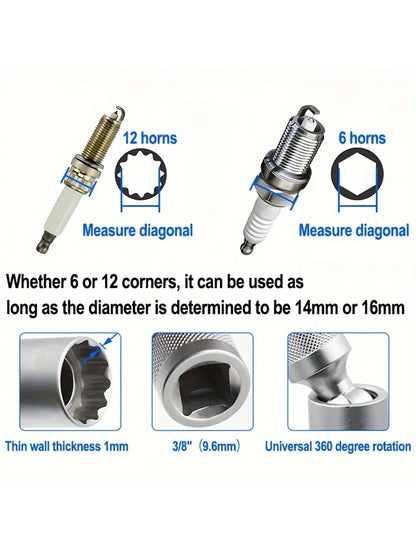 محول مفتاح ربط شمعات الإشعال 14 مم و16 مم، وصلة عالمية مع مغناطيس مرن رقيق الجدران، أداة صيانة سيارات 3/8 بوصة 