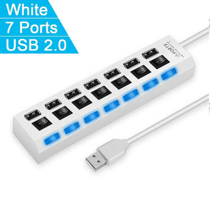 موزع USB متعدد المنافذ 2.0 - 4/7 منافذ USB عالية السرعة مع مفتاح LED لنقل البيانات من أجهزة الكمبيوتر المكتبية والمحمولة