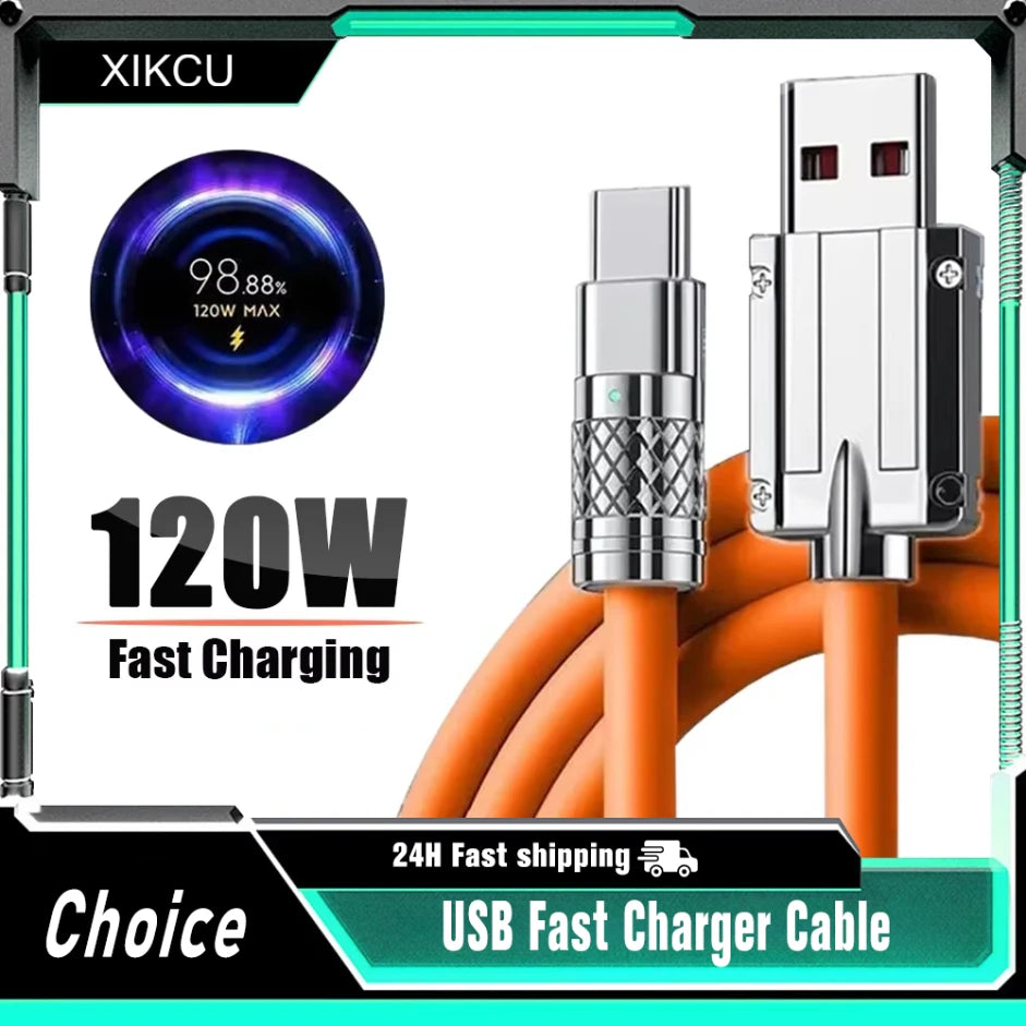 كابل شحن سريع للغاية من النوع C بقوة 120 واط وتيار 6 أمبير، مصنوع من السيليكون السائل، بطول 1 متر، متوافق مع أجهزة هواوي وسامسونج وشاومي.