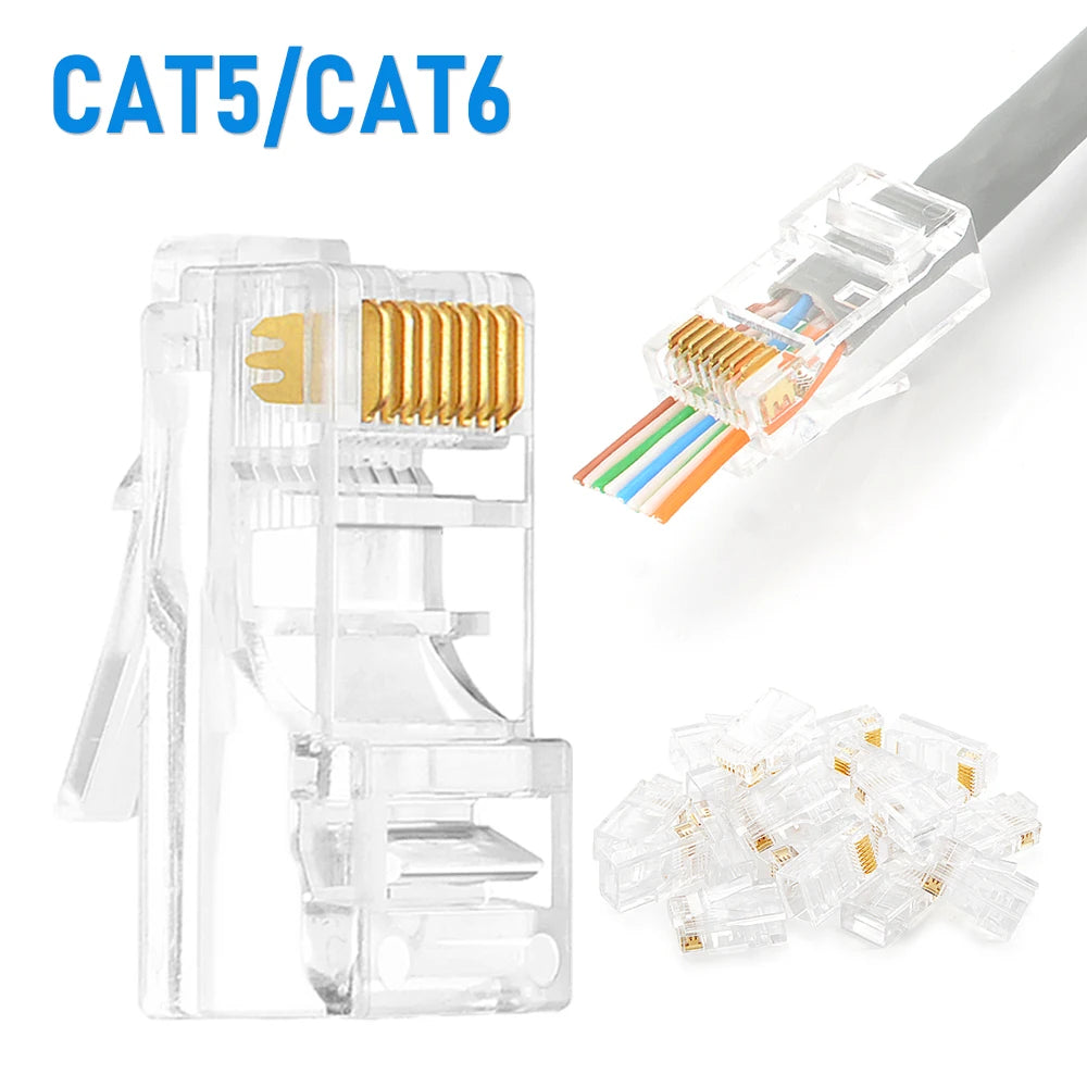 10/20/30/50 قطعة من موصلات RJ45 Cat6/Cat5e ذات طرف كريستالي 8P8C قابلة للضغط، قابس معياري لشبكة إيثرنت UTP