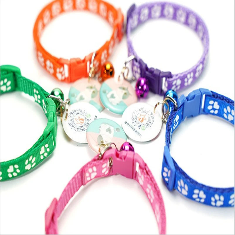 Adjustable Cat Collar with Bell – Dog Print Pet Necklace in Multiple Colors