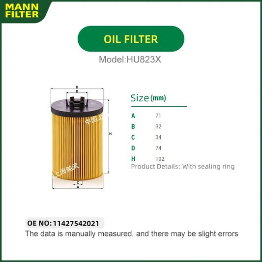 MANNFILTER HU823X Oil filter For BMW 550 650 740 750 760 X5 E70 N62 N73 11427542021
