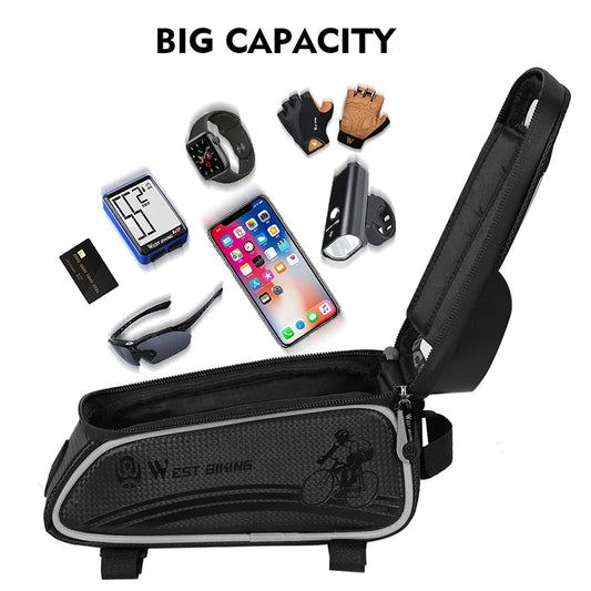 WEST BIKING Waterproof Bicycle Frame Bag – Front Top Tube Storage with Touchscreen Phone Case for MTB & Road Bikes