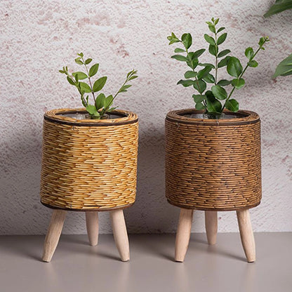 Nordic Rattan Plant Stand – Woven Flower Pot with Legs for Home & Garden