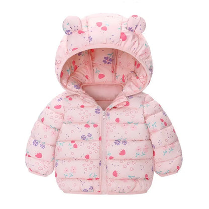 Children’s Lightweight Down Jacket with Hood – Boys Girls Autumn Dinosaur Print Coat