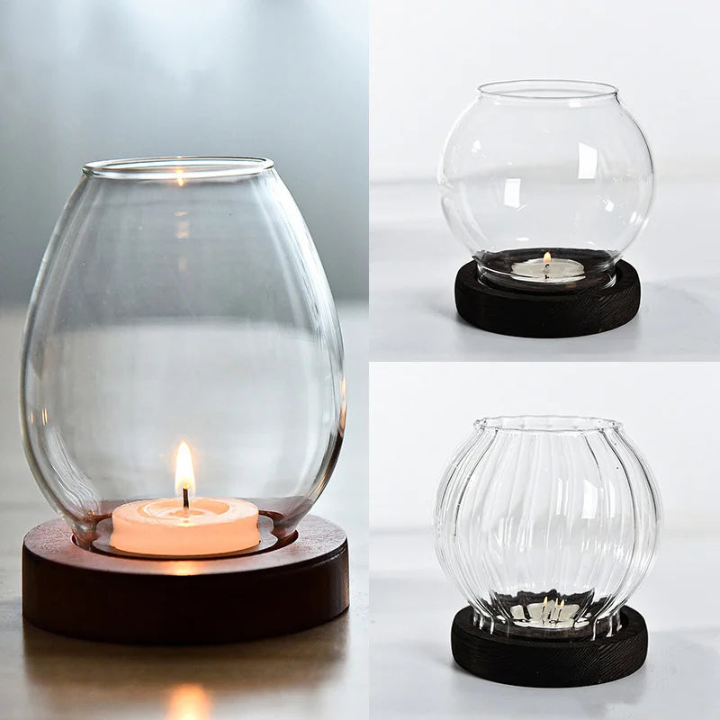 Transparent Round Glass Candlestick – Retro Windproof Candle Holder for Weddings & Decor