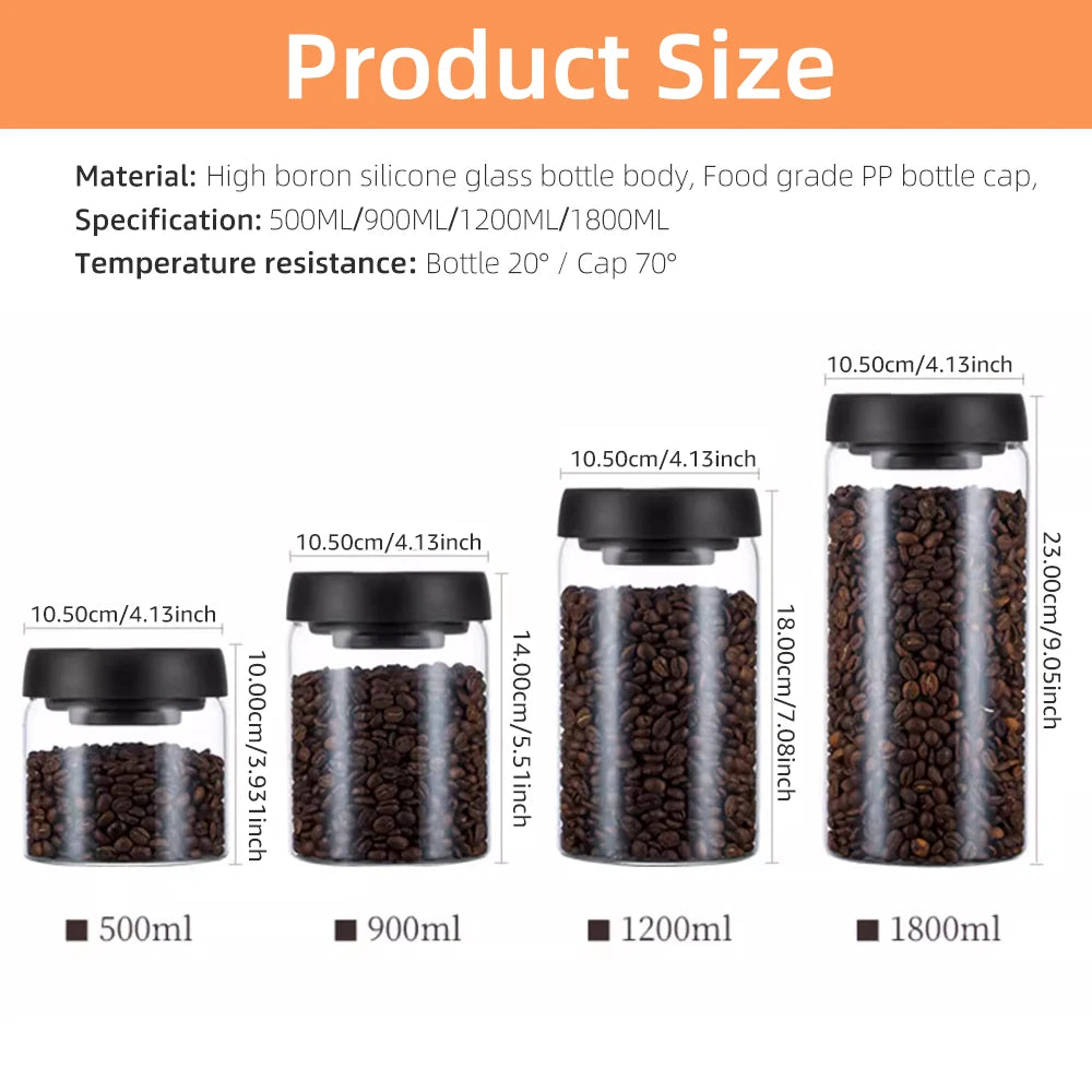 Vacuum Sealed Glass Jar – Coffee Bean & Food Storage Bottle with Silicone Seal for Freshness
