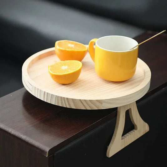 Wooden Sofa Armrest Clip-On Tray Table – Foldable Round Snack Side Table