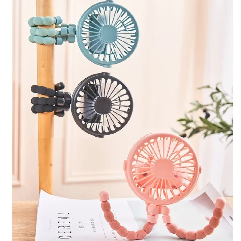 Mini Portable Baby Stroller Fan – USB Rechargeable 3-Speed Flexible Octopus Clip-On Fan