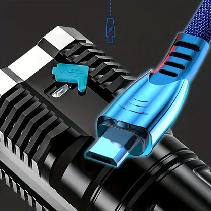 مصباح يدوي محمول قوي مزود بأربعة مصابيح LED وإضاءة جانبية COB، بأربعة أوضاع إضاءة، قابل لإعادة الشحن عبر منفذ USB، أداة تخييم، كشاف للأنشطة الخارجية 