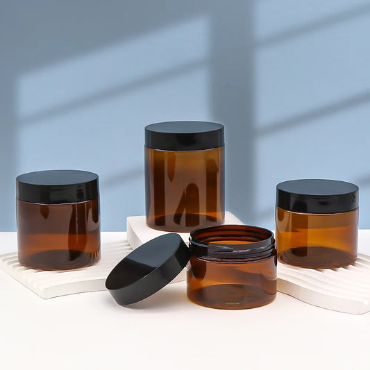 12PCS Amber Cosmetic Jar Set – 50ml to 250ml Refillable Face Cream Containers with Black Lids